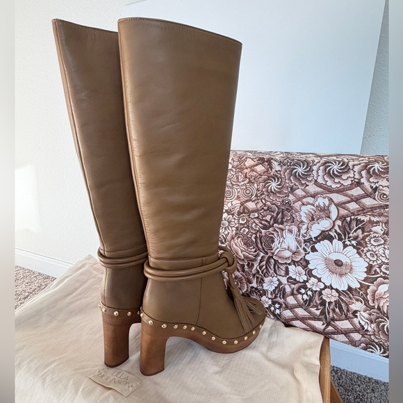 Ulla Johnson Elin Tassel Boots Leather Gold Fringe Wood Heels Sz 35 Quiet Luxury - Picture 12 of 16